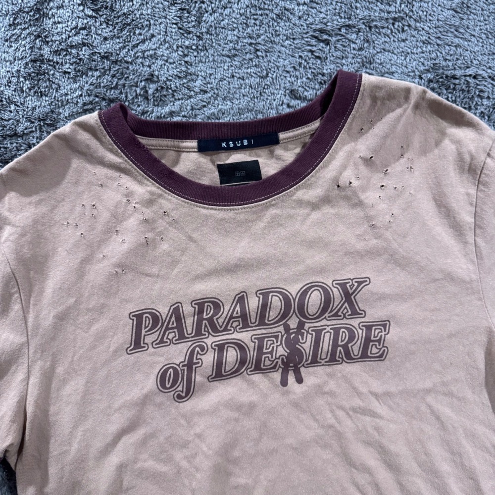 Ksubi Paradox of Desire Distressed Graphic T-Shirt Tan Burgundy‎ Mens Medium